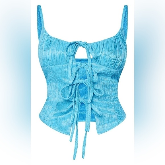 Pretty Little Thing Aqua Blue Plisse Halter Top Size 4 - Picture 6 of 7
